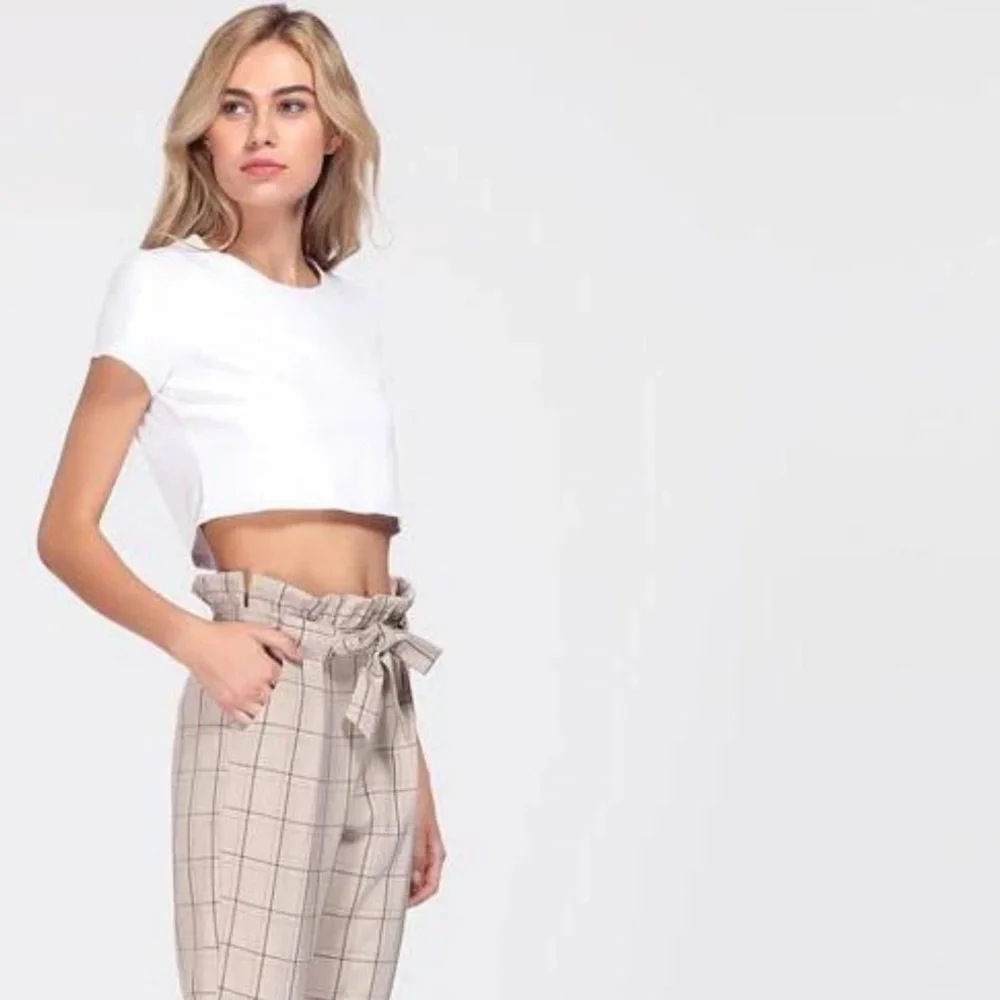 Belted frill high waist plaid pants